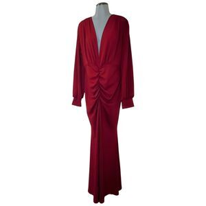 Bodycon Cocktail Maxi Dress V-Neck Bishop Sleeve High Split Ruched Red Formal